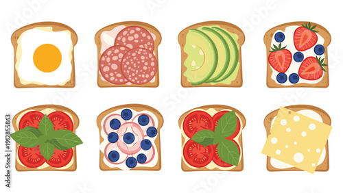 Collection of eight different toast toppings including egg, salami, avocado, strawberries, tomatoes, and cheese on bread slices.