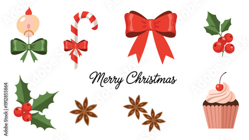 Set of various colorful Christmas elements including a candy cane, holly berries, a candle, a bow, anise stars, and a cupcake.