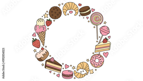 Colorful circular frame composed of various sweet treats including ice cream cones donuts macarons and frosted cupcakes.