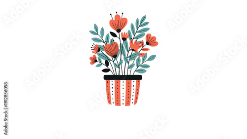 Simple hand drawn illustration of a bouquet of orange flowers and green leaves in a decorative striped ceramic flower pot.