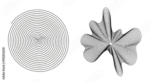 Two abstract geometric shapes a spiral and a radiating petal like form