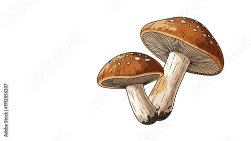 Two realistic brown mushrooms with spotted caps growing together illustrated on a white background in a detailed style.