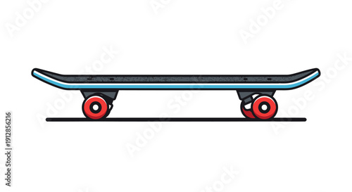 Simple skateboard illustration with red wheels and blue stripe.
