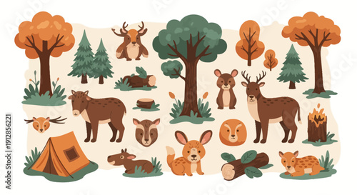 Cute deer and forest elements for camping and autumn