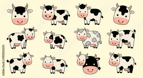 Cute cartoon cows pattern with various smiling farm animals for children's designs.