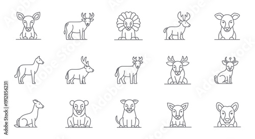 Collection of stylized animal icons in a clean line art style.