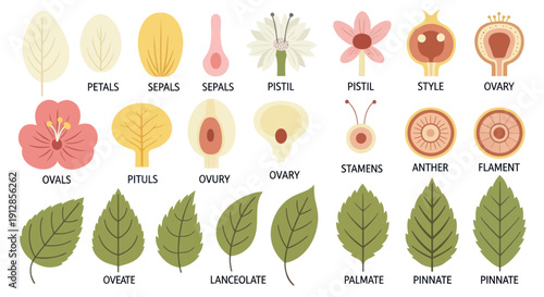 Illustration of flower anatomy and leaf shapes