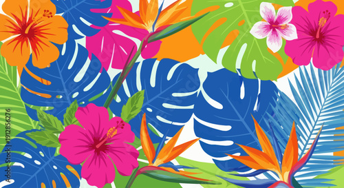 Vibrant tropical leaves and flowers pattern with bold colors