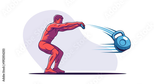 Man performing a dynamic kettlebell swing exercise with motion blur.