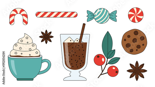 Collection of colorful christmas treats including hot cocoa with whipped cream candy canes gingerbread and star anise.