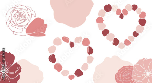 Abstract floral design with rose petal hearts for romantic background.
