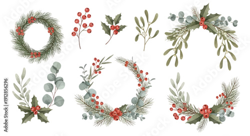 Watercolor Christmas wreaths and foliage elements with red berries and pine needles