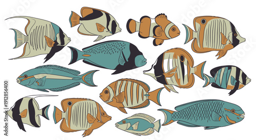 Vibrant collection of diverse tropical fish illustrations swimming underwater