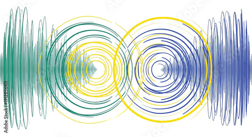 Abstract overlapping circular wave patterns in shades of blue green and yellow