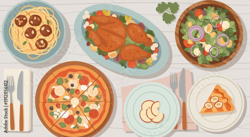 An inviting overhead view of a delicious full dinner table spread with various dishes.