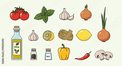 Collection of fresh cooking ingredients with vegetables, herbs, and spices on a light background.