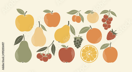 A vibrant collection of fresh fruit illustrations in a charming flat design style.
