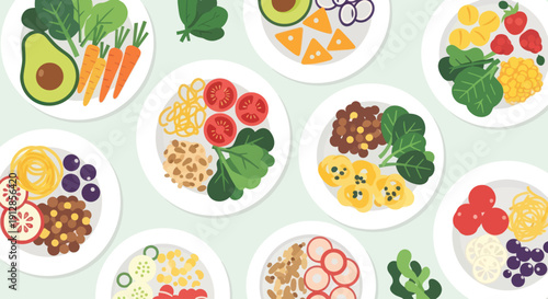 Colorful Flat Lay Illustration of Diverse Healthy Food Plates for a Balanced Diet.