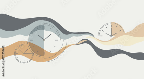 Abstract clock illustration with wavy lines representing time flow and management.