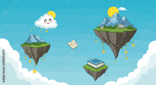 Whimsical cartoon illustration of floating islands and flying books representing the magic of