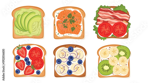 Collection of six different open faced healthy breakfast toasts with toppings like avocado salmon bacon and fruits.