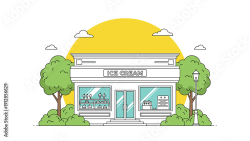 Charming illustration of a local ice cream shop storefront with green trees and bushes under a big yellow sun.