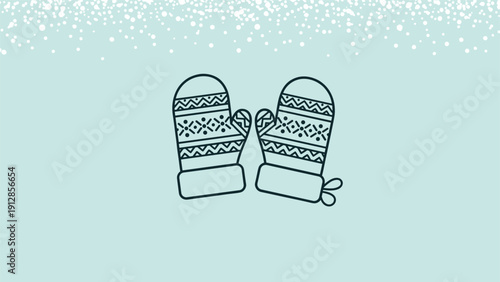 Pair of winter mittens with traditional knitted patterns on a light blue background with falling white snowflakes.