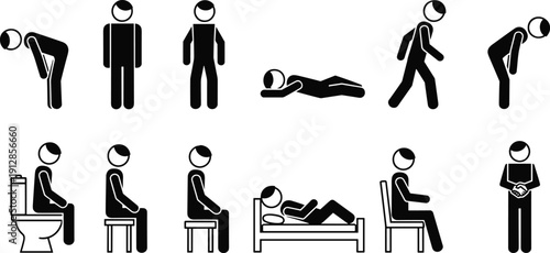 Comprehensive stick figure icon set featuring people in wheelchairs, medical patients, delivery workers, office employees, fire safety, and emotional human silhouettes.