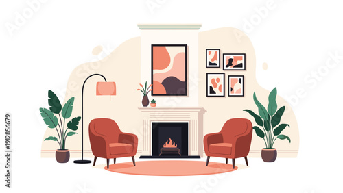 Elegant living room design with a modern white fireplace two red armchairs and green potted plants on the sides.