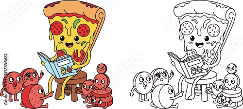 Adorable Pizza Slice Storyteller Reading to Engaged Pepperoni Characters Cute Food Education Vector