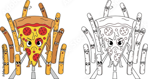 Angry Pizza Slice Confronting Breadsticks on a Road Humorous Food Cartoon Vector Illustration