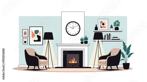 Cozy living room interior featuring a burning fireplace two armchairs lamps and various art pieces on the walls.