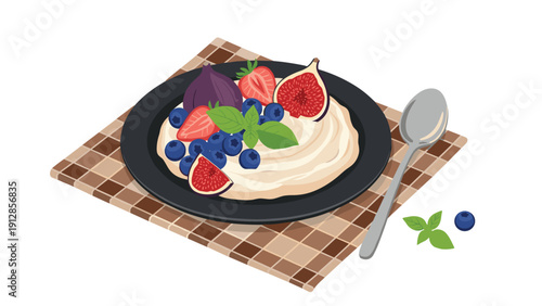 Healthy breakfast bowl with creamy yogurt and fresh seasonal fruits including sliced figs, strawberries, and blueberries.