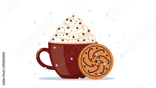 Delicious cup of hot chocolate topped with whipped cream and decorative star-shaped sprinkles served with a round cookie.