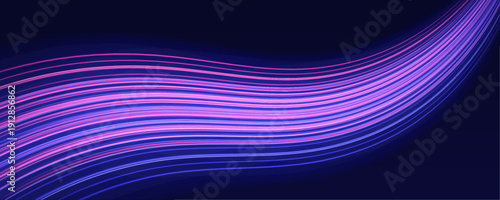 Neon trails form curved ribbons across a black canvas, glowing with kinetic energy. The pattern flows smoothly. Perfect for digital or speed visuals.