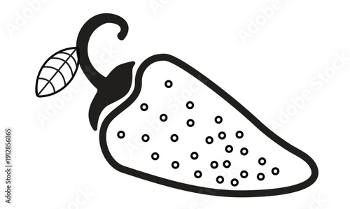 Simple line drawing of a single chili pepper, slightly curved, with a pointed tip and a textured calyx at the stem.  The style is minimalist and clean