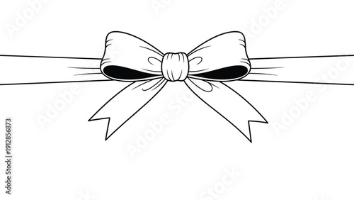 Simple black and white line drawing of a decorative ribbon bow tied neatly on a horizontal band for gift packaging.
