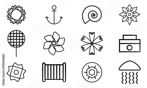 Nautical line art icons set with marine travel and sailing symbols. Collection includes boats, anchors, lighthouses, compasses, and ship wheels 