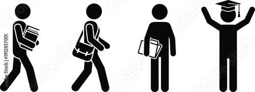 ducation Icon Set Featuring Student Stick Figures Carrying Books and Bags and Celebrating Graduation Day with a Cap and Gown