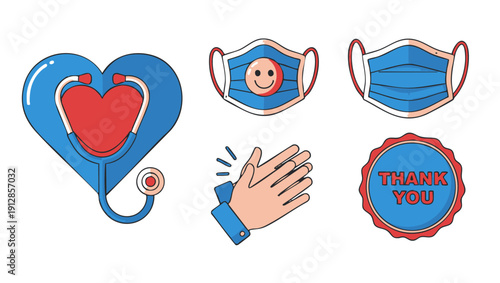 Healthcare Appreciation Icon Set: Stethoscope Heart, Protective Face Masks, Clapping Hands, and Thank You Badge