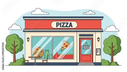 Colorful illustration of a pizza restaurant storefront with a large sign, display windows, and outdoor seating area.
