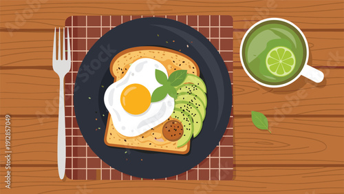 Healthy breakfast meal consisting of avocado toast topped with a fried egg served with a refreshing cup of green tea.
