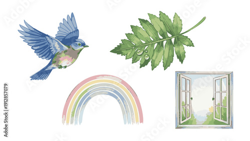 Watercolor bluebird perched on floral branch with rainbow and vintage window frame, spring nature illustration.