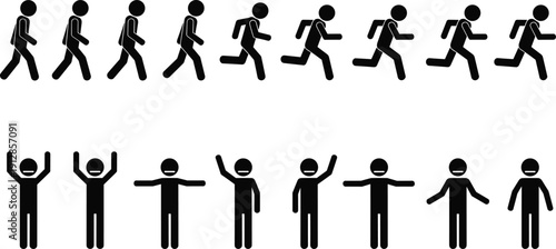 Dynamic Stick Figure Action Icon Set Featuring Characters Running Hiding Cowering and Defensive Poses for Danger Safety and Conflict Concepts