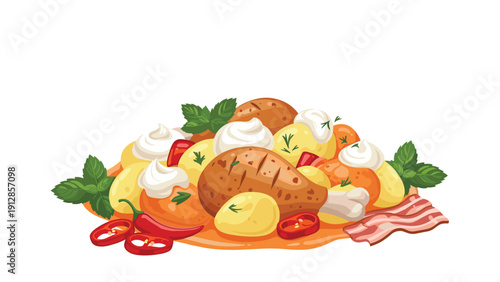 Appetizing dish of roasted chicken drumsticks served with boiled potatoes, crispy bacon, sour cream, and chili peppers.