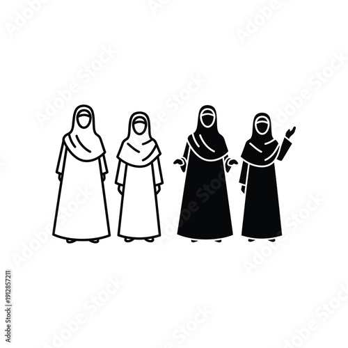 Four women dressed in traditional long robes and head coverings standing side by side
