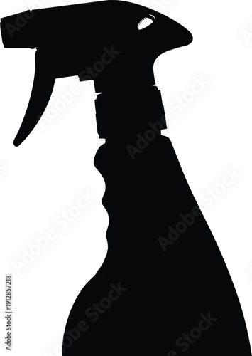 Black silhouette of spray bottle with trigger nozzle, representing cleaning tools, household products, sanitation, and ergonomic design in minimal black and white illustration.