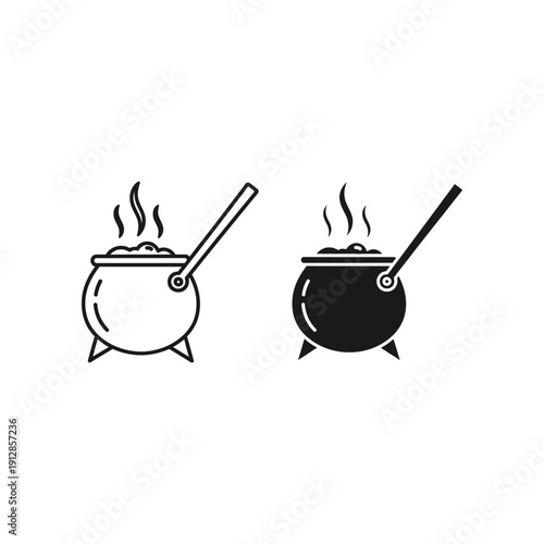 Two cauldrons with steam and ladles depicting traditional witchcraft symbols