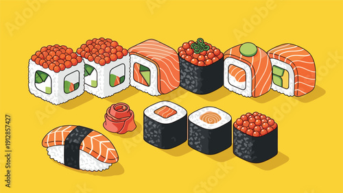 Extensive variety of fresh sushi and maki rolls including salmon, tuna, and roe toppings on a bright yellow background.