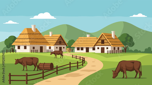 Black silhouette vector illustration of a male farmer in a hat feeding a flock of chickens on a grassy field over a white background